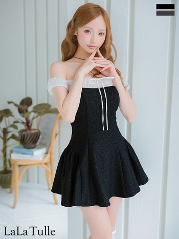 キャバドレス ANIER. アニエル シフォン リボン ガーリー グリッター オフショルダー フレアミニドレス