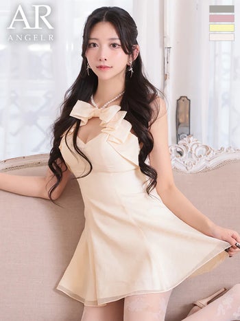 キャバドレス Angel R エンジェルアール ホルターネック パールチェーン フロントリボン バストカット ビジュー フレアミニドレス