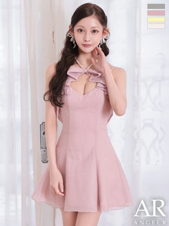 キャバドレス Angel R エンジェルアール フロントリボン パールチェーン ホルターネック バストカット ビジュー フレアミニドレス