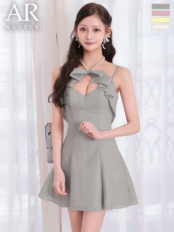 キャバドレス Angel R エンジェルアール バストカット ビジュー フロントリボン パールチェーン ホルターネック フレアミニドレス