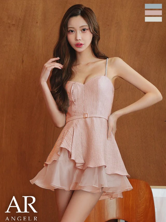 キャバドレス Angel R エンジェルアール ベアトップ キャミソール ウエストベルトデザイン レイヤード フリル 2way フレアミニドレス