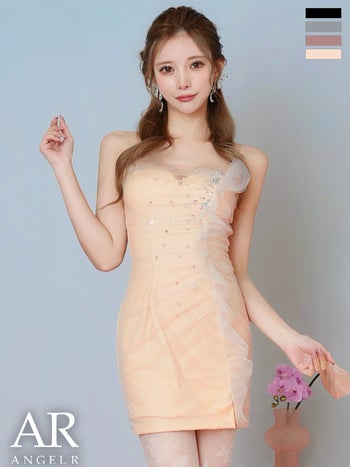キャバドレス Angel R エンジェルアール ベアトップ キャミソール Vカット チュール ビジュー フリル 2way タイトミニドレス