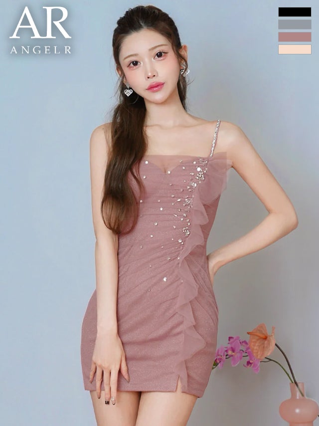 キャバドレス Angel R エンジェルアール Vカット チュール ビジュー フリル 2way ベアトップ キャミソール タイトミニドレス