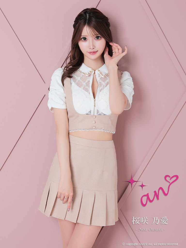 キャバドレス an 半袖 セットアップ ジップデザイン チェック柄 ドット柄 襟付き パール チェーン シアー レース プリーツ フレアミニドレス