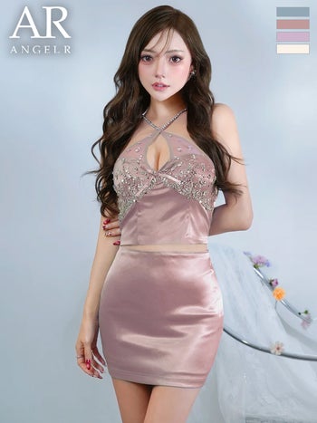 キャバドレス Angel R エンジェルアール リボン ビジュー サテン セットアップ クロスデザイン ホルターネック オープンバスト タイトミニドレス