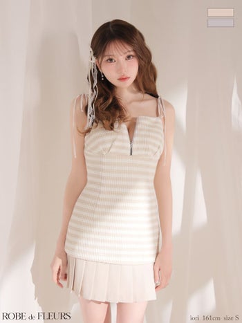 キャバドレス ROBEdeFLEURS ローブドフルール キャミソール リボン ジップデザイン ボーダーニット プリーツ フレアミニドレス
