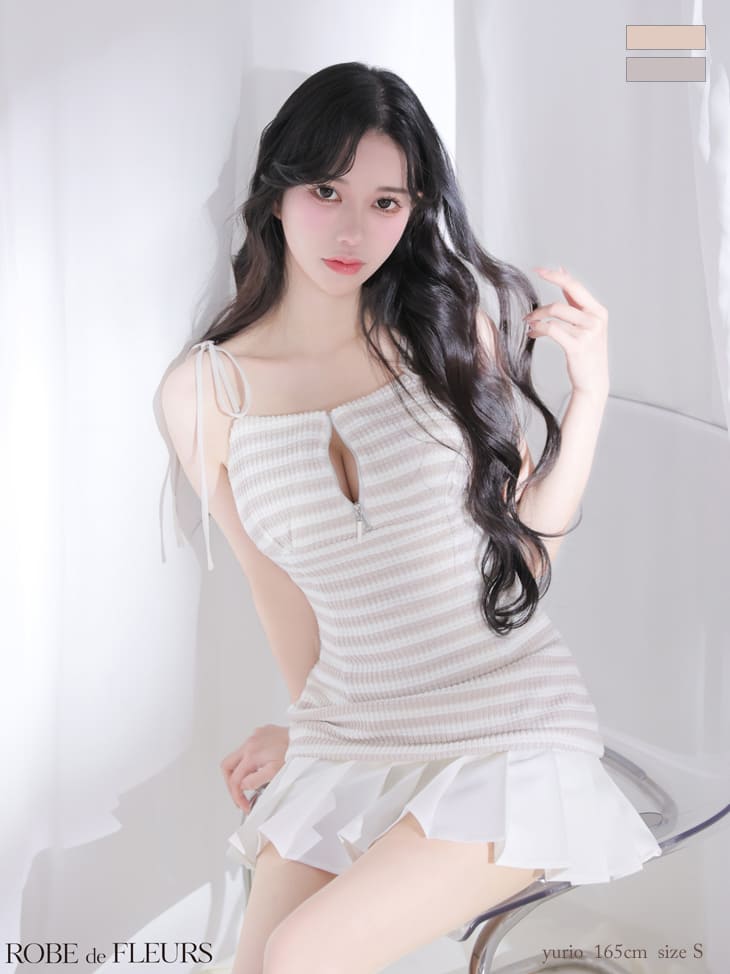 キャバドレス ROBEdeFLEURS ローブドフルール リボン ジップデザイン ボーダーニット プリーツ キャミソール フレアミニドレス