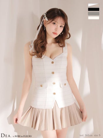 キャバドレス DEA.by ROBE de FLEURS ディア ノースリーブ ボタン ボーダー柄 ツイード プリーツ フレアミニドレス