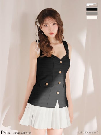 キャバドレス DEA.by ROBE de FLEURS ディア ボタン ボーダー柄 ツイード プリーツ ノースリーブ フレアミニドレス