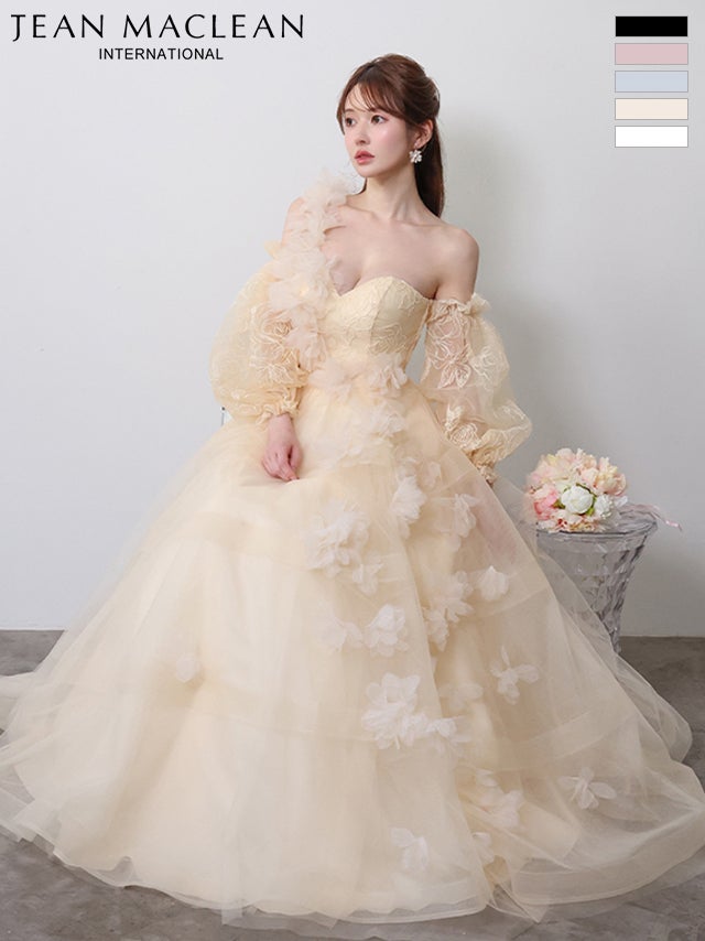 キャバドレス JEANMACLEAN ジャンマクレーン オフショルダー エレガント ボリュームスカート 立体フラワーモチーフ バースデー チュール Aラインロングドレス
