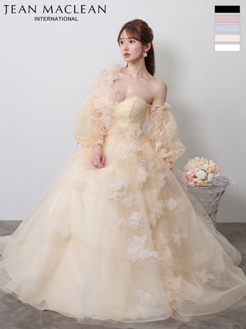 キャバドレス JEANMACLEAN ジャンマクレーン オフショルダー エレガント ボリュームスカート 立体フラワーモチーフ バースデー チュール Aラインロングドレス