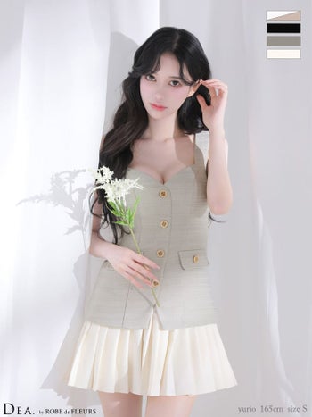 キャバドレス DEA.by ROBE de FLEURS ディア ボーダー柄 ツイード プリーツ ノースリーブ ボタン フレアミニドレス