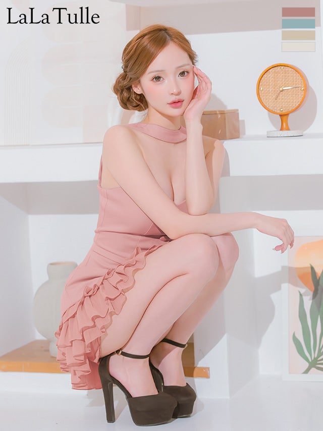 キャバドレス Angel R エンジェルアール ウエストベルト フリル 2way ベアトップ ボタン チョーカーデザイン フレアミニドレス