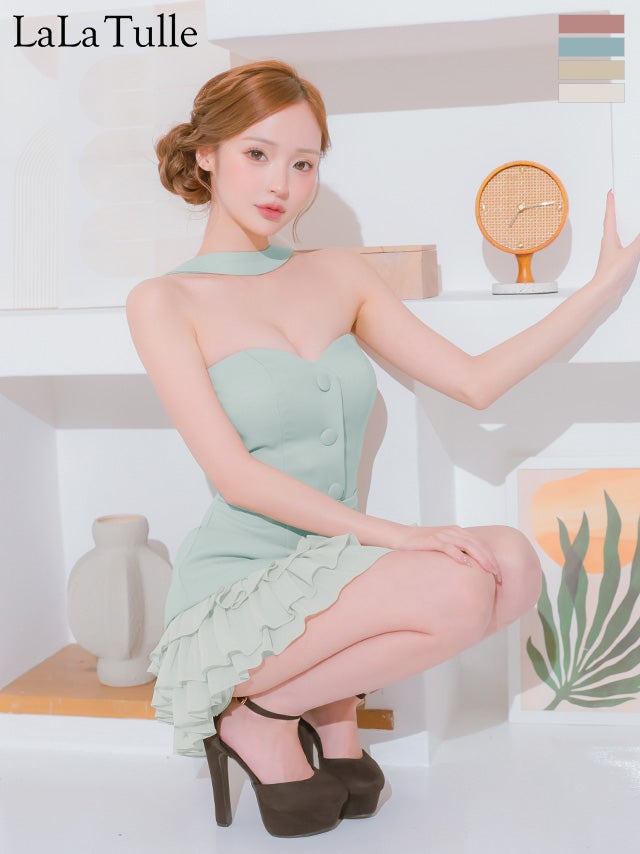 キャバドレス Angel R エンジェルアール フリル チョーカーデザイン 2way ベアトップ ボタン ウエストベルト フレアミニドレス