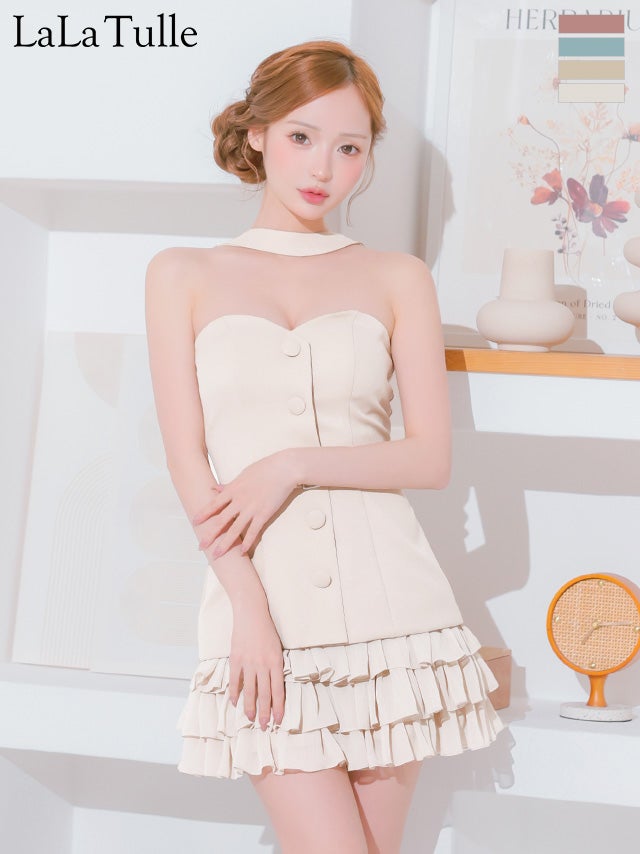 キャバドレス Angel R エンジェルアール フリル ボタン ウエストベルト チョーカーデザイン 2way ベアトップ フレアミニドレス