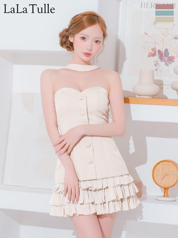 キャバドレス Angel R エンジェルアール フリル ボタン ウエストベルト チョーカーデザイン 2way ベアトップ フレアミニドレス