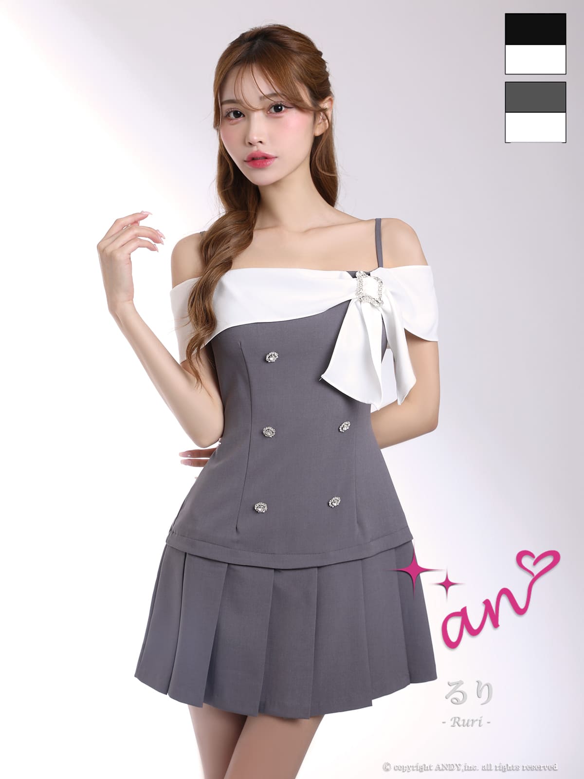 キャバドレス an リボン 肩あき ビジュー ボタン プリーツ バイカラー フレアミニドレス