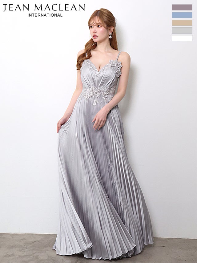 キャバドレス JEANMACLEAN ジャンマクレーン キャミソール フラワーモチーフ ビジュー Vネック プリーツ Aラインロングドレス