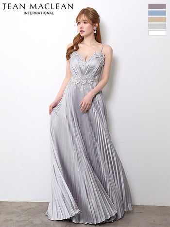 キャバドレス JEANMACLEAN ジャンマクレーン キャミソール フラワーモチーフ ビジュー Vネック プリーツ Aラインロングドレス