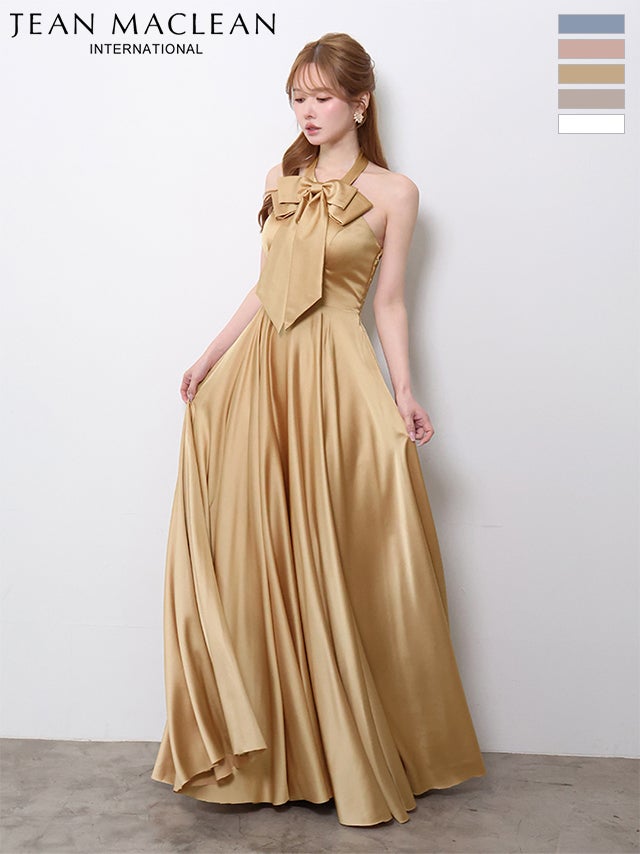 キャバドレス JEANMACLEAN ジャンマクレーン ホルターネック リボン エレガント ウエスト切替 サテン Aラインロングドレス
