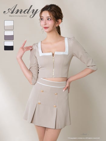 キャバドレス Andy セットアップ ジップデザイン 袖あり スクエアネック プリーツ フレアミニドレス
