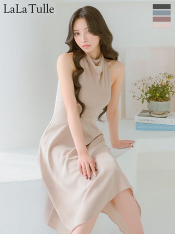 キャバドレス Veautt ヴュート ネックデザイン アシンメトリー ワンカラー ノースリーブ 膝丈ドレス