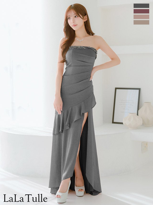 キャバドレス Angel R エンジェルアール フリル ラッフルデザイン ベアトップ キャミソール スリット ビジュー ラメ ビジュー タイトロングドレス