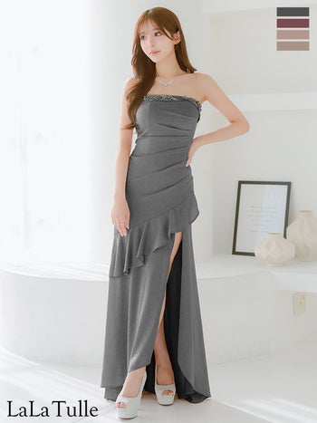 キャバドレス Angel R エンジェルアール フリル ラッフルデザイン ベアトップ キャミソール スリット ビジュー ラメ ビジュー タイトロングドレス