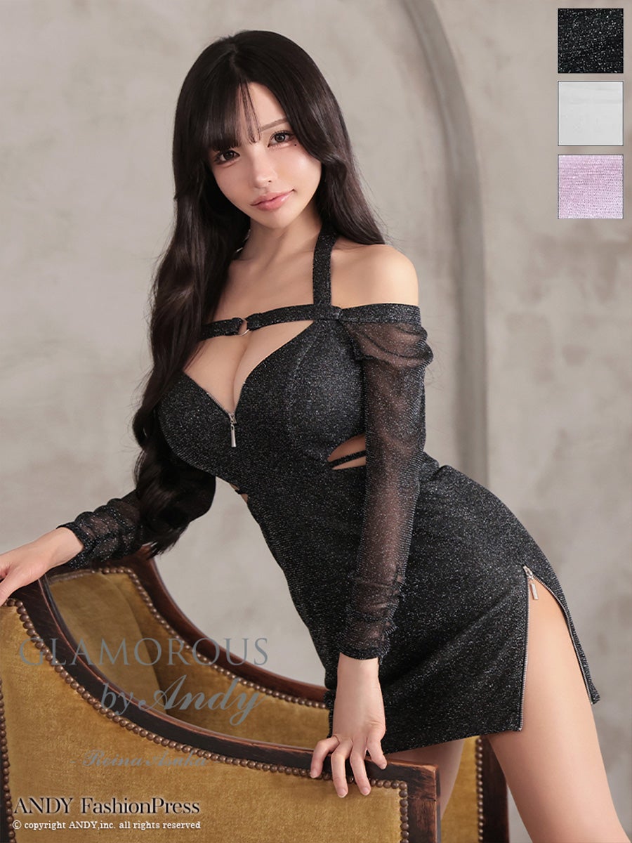 キャバドレス GLAMOROUS 肩あき ジップデザイン 長袖 バストカット ウエストカット ラメ シアー スリット タイトミニドレス