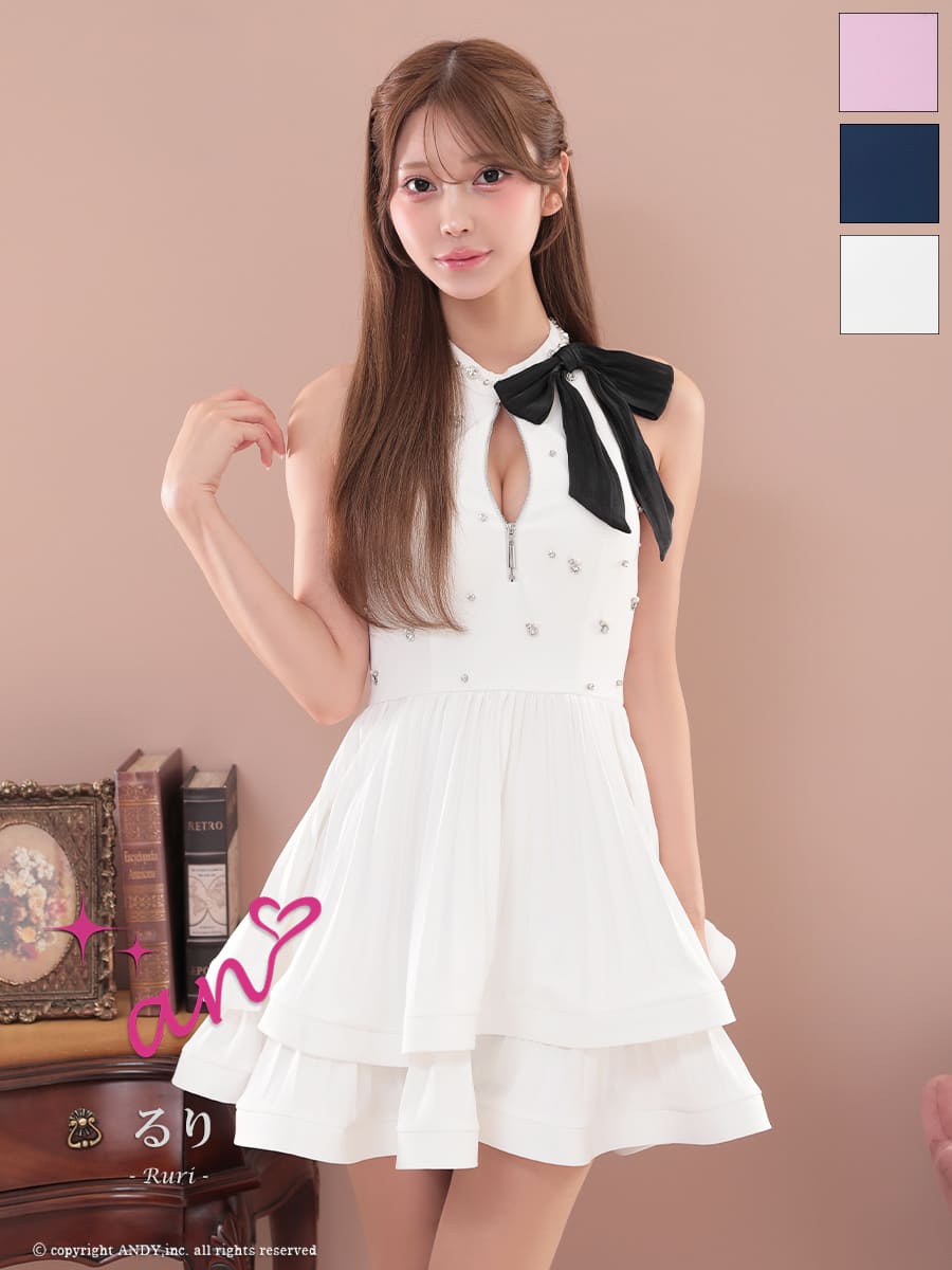 キャバドレス an ジップデザイン ホルターネック ビジュー ドット柄 ネックリボン ティアード フリル フレアミニドレス