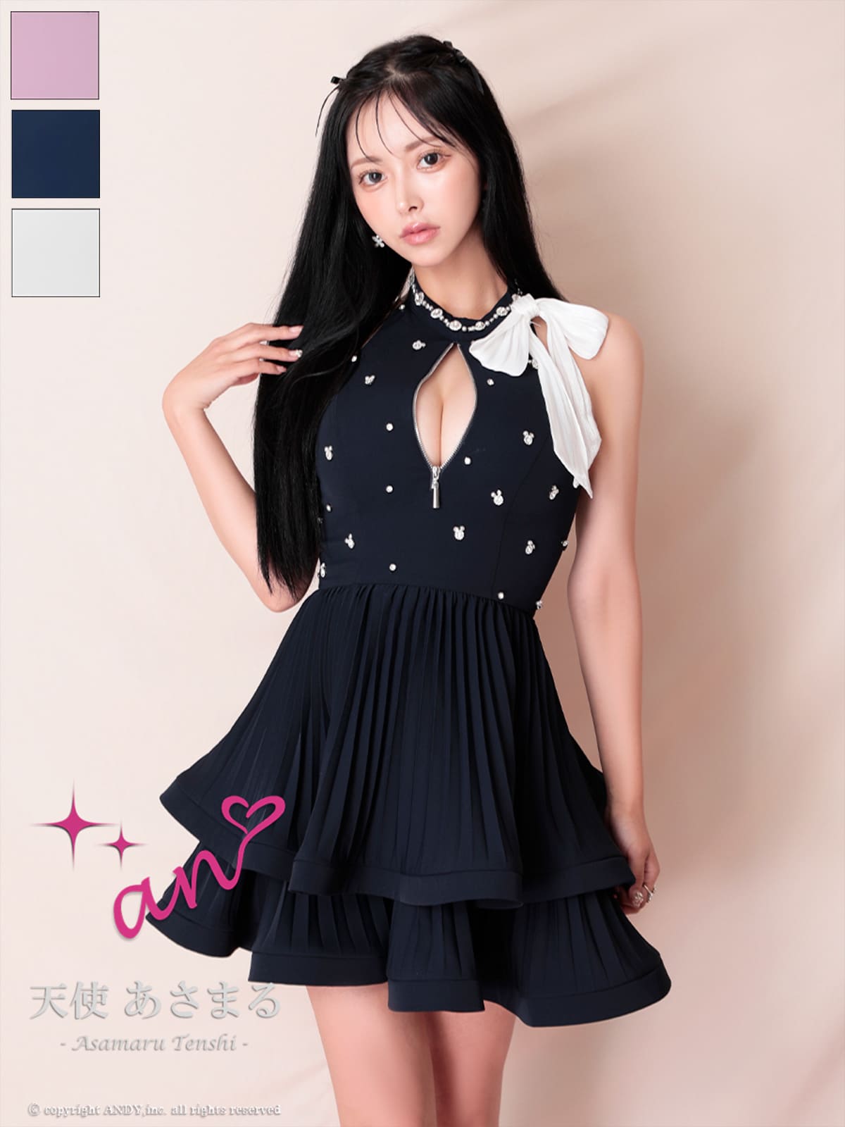 キャバドレス an ジップデザイン ビジュー ドット柄 ホルターネック ネックリボン ティアード フリル フレアミニドレス