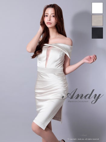 キャバドレス Andy シースルー オフショルダー バストカット タック アシンメトリー スリット タイト 膝丈ドレス