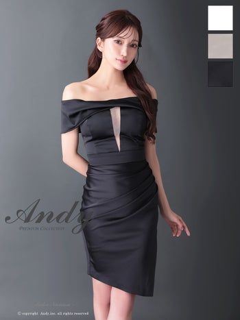 キャバドレス Andy シースルー バストカット オフショルダー タック アシンメトリー スリット タイト 膝丈ドレス