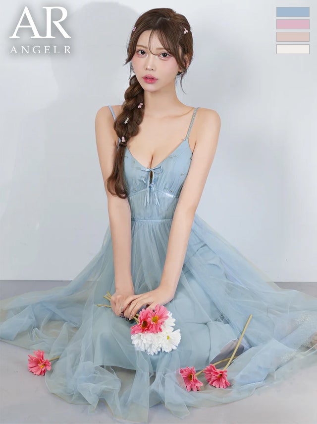 キャバドレス Angel R エンジェルアール キャミソール バストレースアップ リボン サテン ビジュー フレア 膝丈ドレス