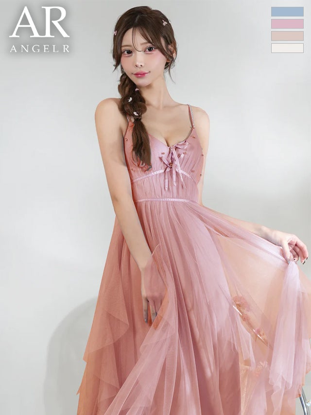 キャバドレス Angel R エンジェルアール バストレースアップ サテン キャミソール リボン ビジュー フレア 膝丈ドレス