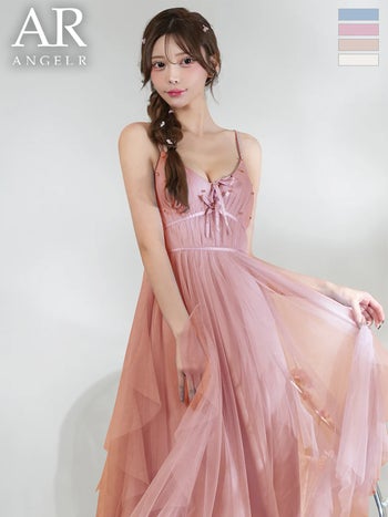 キャバドレス Angel R エンジェルアール バストレースアップ サテン キャミソール リボン ビジュー フレア 膝丈ドレス