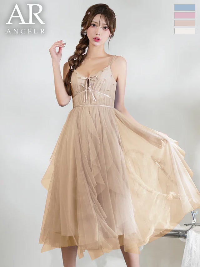 キャバドレス Angel R エンジェルアール リボン ビジュー バストレースアップ サテン キャミソール フレア 膝丈ドレス