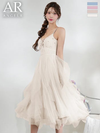 キャバドレス Angel R エンジェルアール サテン ビジュー リボン バストレースアップ キャミソール フレア 膝丈ドレス