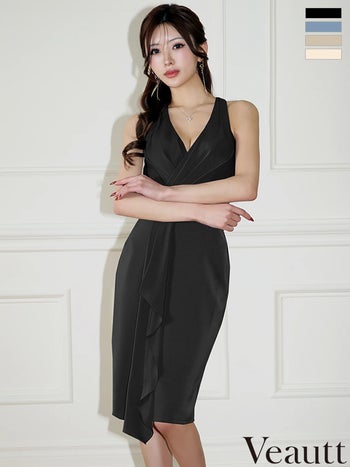 キャバドレス Veautt ヴュート タック ウエストマーク フリルデザイン タイト ノースリーブ バストVカット 膝丈ドレス