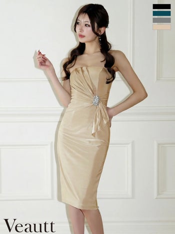 キャバドレス Veautt ヴュート タックフリル ビジュー ジップデザイン タイト ベアトップ 膝丈ドレス