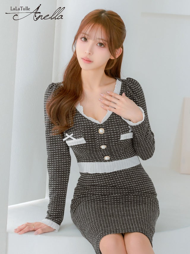 キャバドレス Anella アネラ リボン フリル ガーリー 長袖 ツイード モノトーン ゴールドボタン タイト 膝丈ドレス