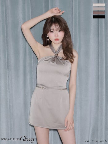 キャバドレス Glossy ROBE de FLEURS　グロッシー ローブドフルール ラメジャガード セットアップ ホルターネック ネックリボン バックシャン タイトミニドレス 