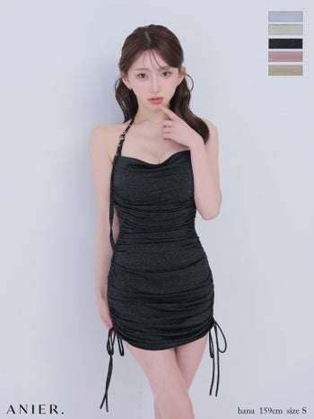 キャバドレス ANIER. アニエル ベルトデザイン シンプル ホルターネック ドレープ サイドレースアップ バックオープン タイトミニドレス