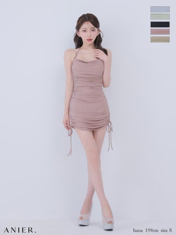 キャバドレス ANIER. アニエル ベルトデザイン シンプル ホルターネック ドレープ サイドレースアップ バックオープン タイトミニドレス