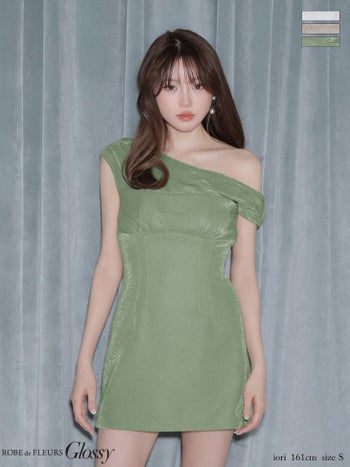 キャバドレス Glossy by ROBE de FLEURS グロッシー ラメニット ワンカラー ワンショルダー ドレープ タイトミニドレス