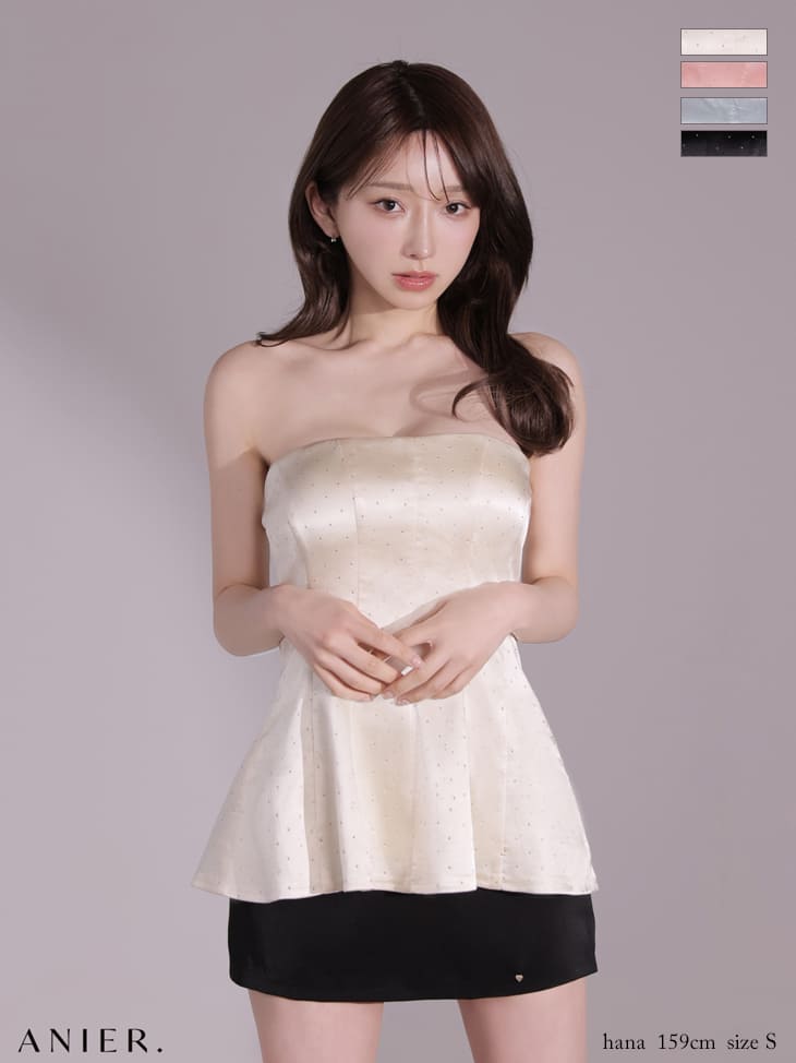 キャバドレス ANIER. アニエル ベアトップ ビジュー サテン ペプラム バックリボン セットアップ タイトミニドレス