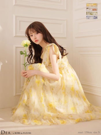 キャバドレス DEA.by ROBE de FLEURS ディア キャミソール リボン ギャザー ブラーフローラル シフォン Aラインロングドレス