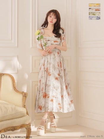 キャバドレス DEA.by ROBE de FLEURS ディア リボン ギャザー ブラーフローラル シフォン キャミソール Aラインロングドレス