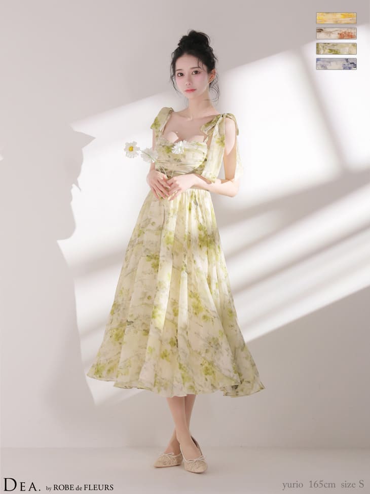 キャバドレス DEA.by ROBE de FLEURS ディア ギャザー ブラーフローラル シフォン キャミソール リボン Aラインロングドレス