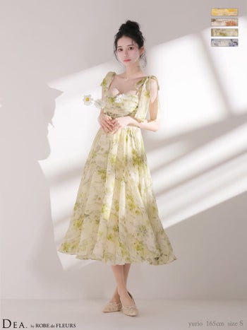 キャバドレス DEA.by ROBE de FLEURS ディア ギャザー ブラーフローラル シフォン キャミソール リボン Aラインロングドレス